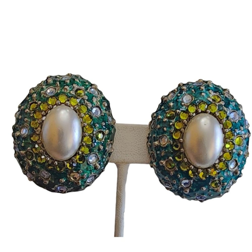 Vintage Unique Signed Craft Rhinestone Domed Clip Earrings (A2953)